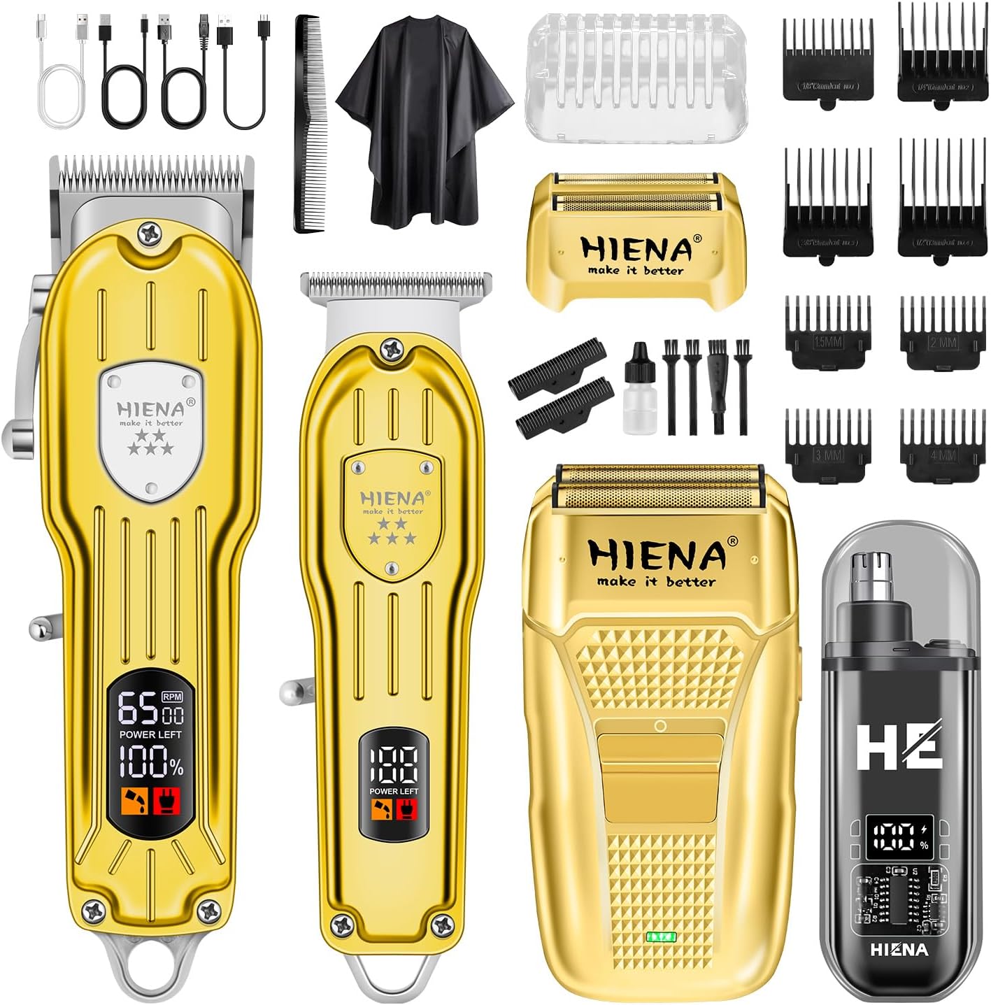 HIENA PRO Professional Hair Clipper Set, Rechargeable Cordless Barber Kit and Hair Cutting Set, Electric Foil Shavers and Beard Trimmers, Ear, Nose Hair Trimmer Set & Facial Grooming Tool (Gold)