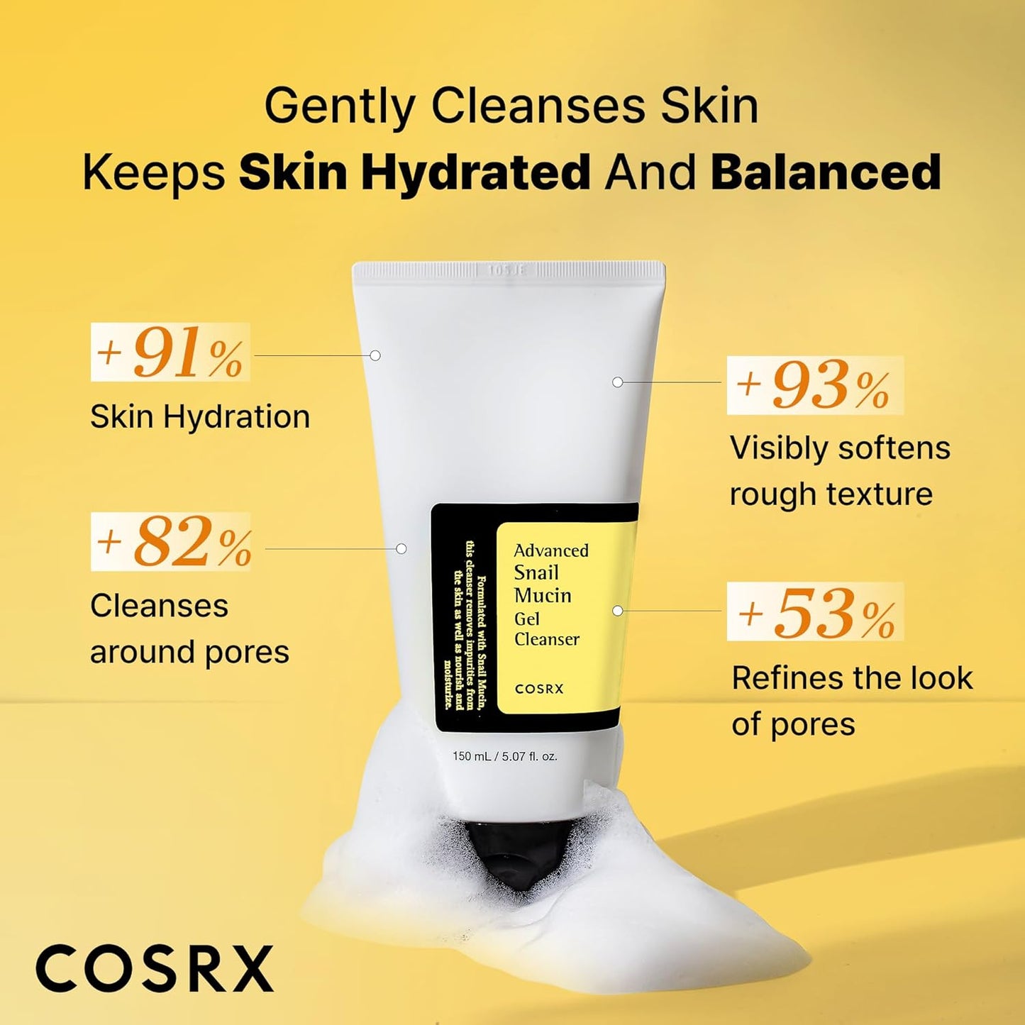 COSRX Advanced Snail Mucin Gel Cleanser, 5.07 Fl Oz / 150 mL, Rich Daily Deep Cleansing Gel for Dry & Sensitive Skin, Korean Skin Care, Not Tested on Animals, No Parabens