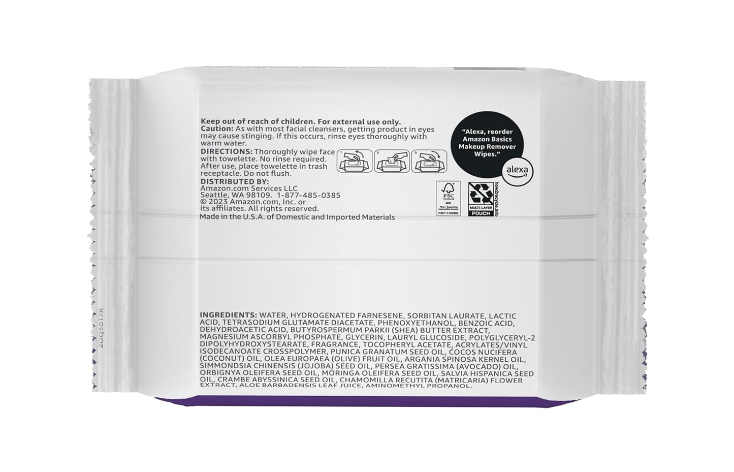 Amazon Basics Makeup Remover Wipes, Gentle Cleansing, Dermatologist Tested, Night Calming, Plant Based, Alcohol-Free, Removes Waterproof Mascara, 25 Count Per Pack, Pack of 6