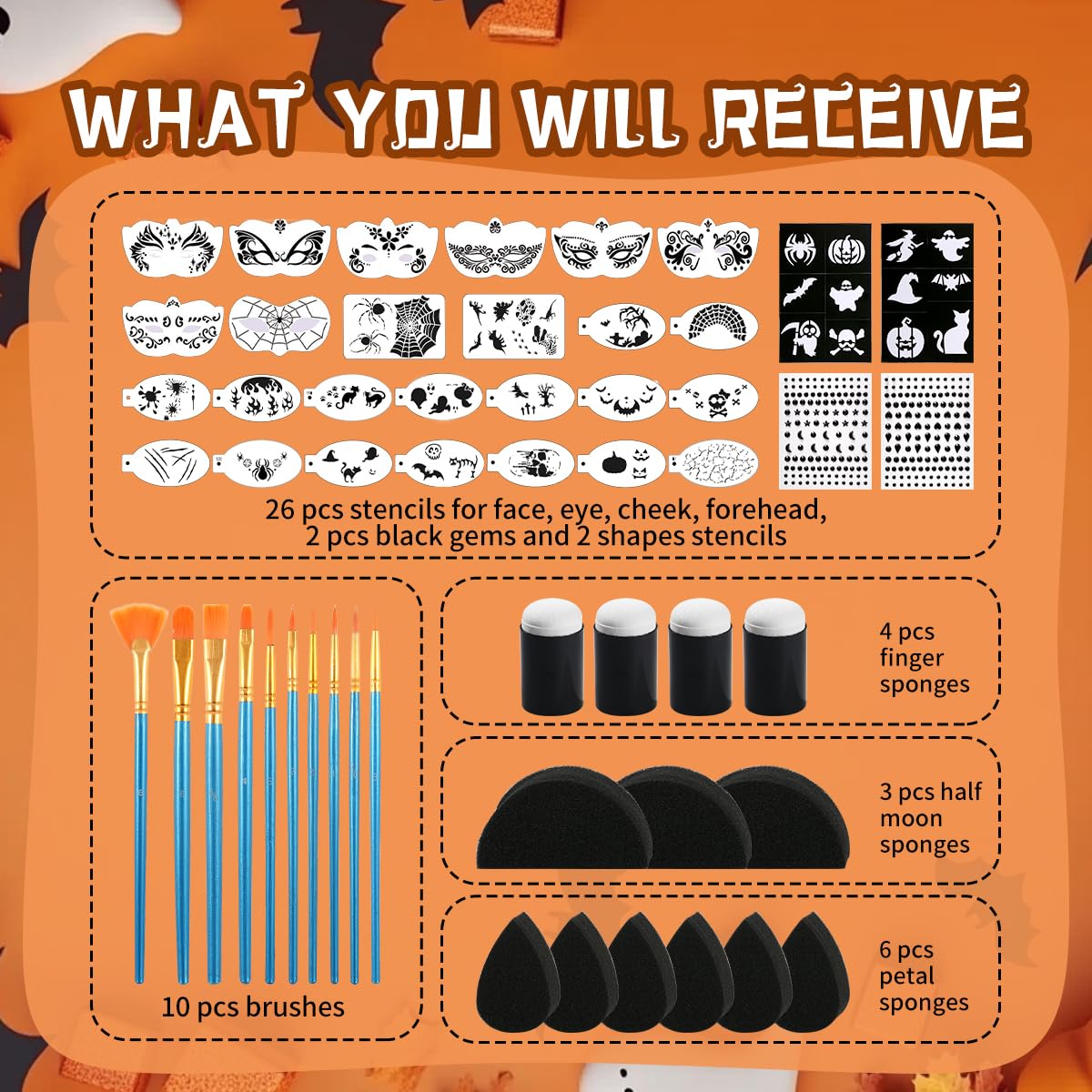 63 pcs Halloween Face Painting Stencils Kit, 38 pcs Reusable Face Body Paint Stencils Templates, 10 Brushes, 13 pcs Sponges, 2 Black Gems for Halloween Makeup Depvision Face Paint Accessory Kit