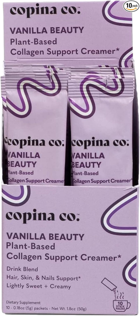 Vanilla Beauty Vegan Collagen Booster Creamer: Plant Based Collagen Support Smoothie Drink Vegan Blend Variety Pack | Vanilla Flavor | 10 Individual Stick Packs per Carton