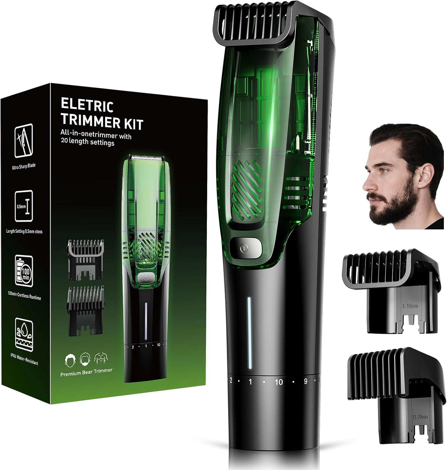 Premium Beard Trimmer for Men, Men's Vacuum Electric Shaver Kit, 20 Levels Adjustable, Wet/Dry Shaver, Upgraded Stainless Steel Ceramic Blade Heads for Precision Facial Hair, Christmas Gifts for Men