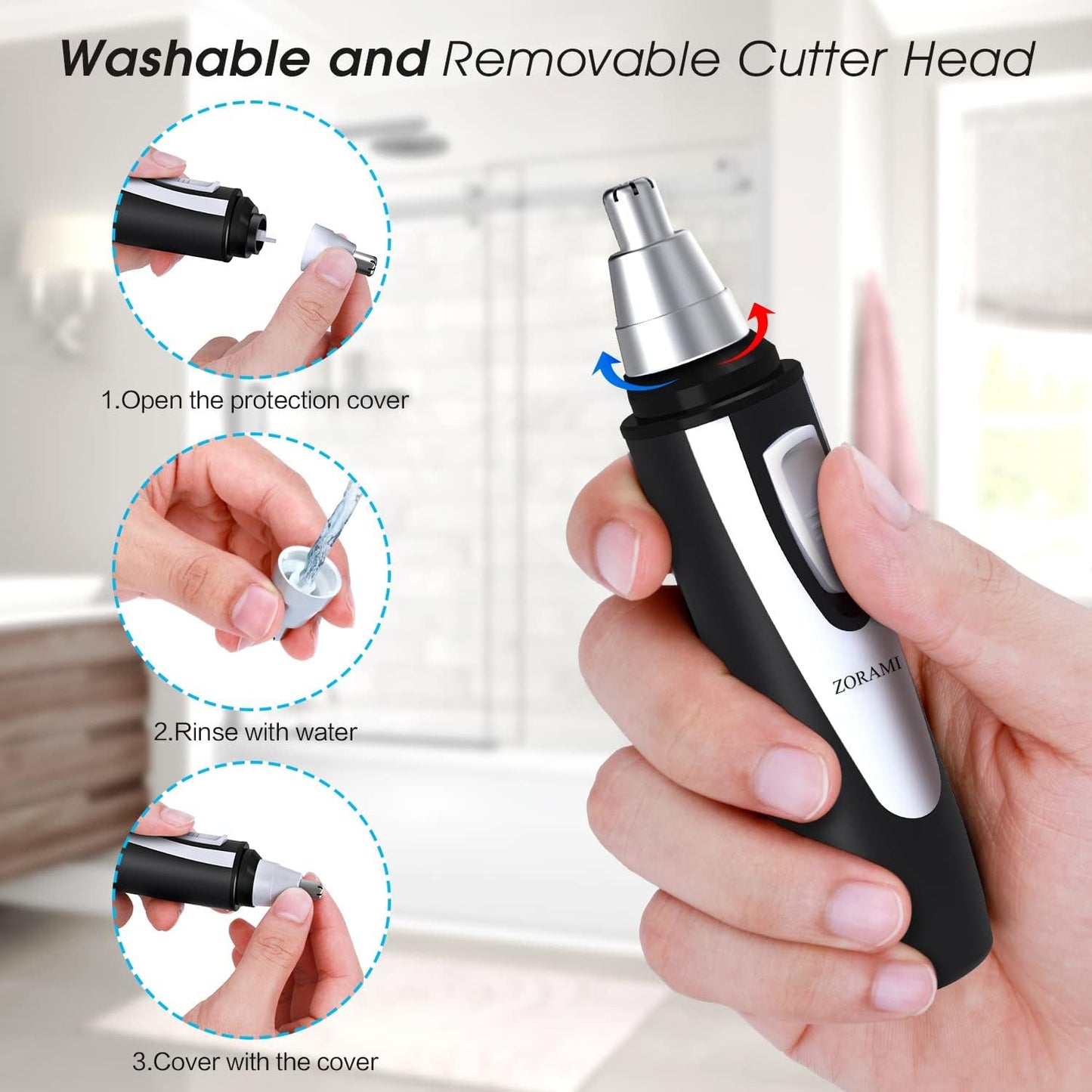 Ear and Nose Hair Trimmer Clipper - 2025 Professional Painless Eyebrow & Facial Hair Trimmer for Men Women, Battery-Operated Trimmer with IPX7 Waterproof, Dual Edge Blades for Easy Cleansing Black