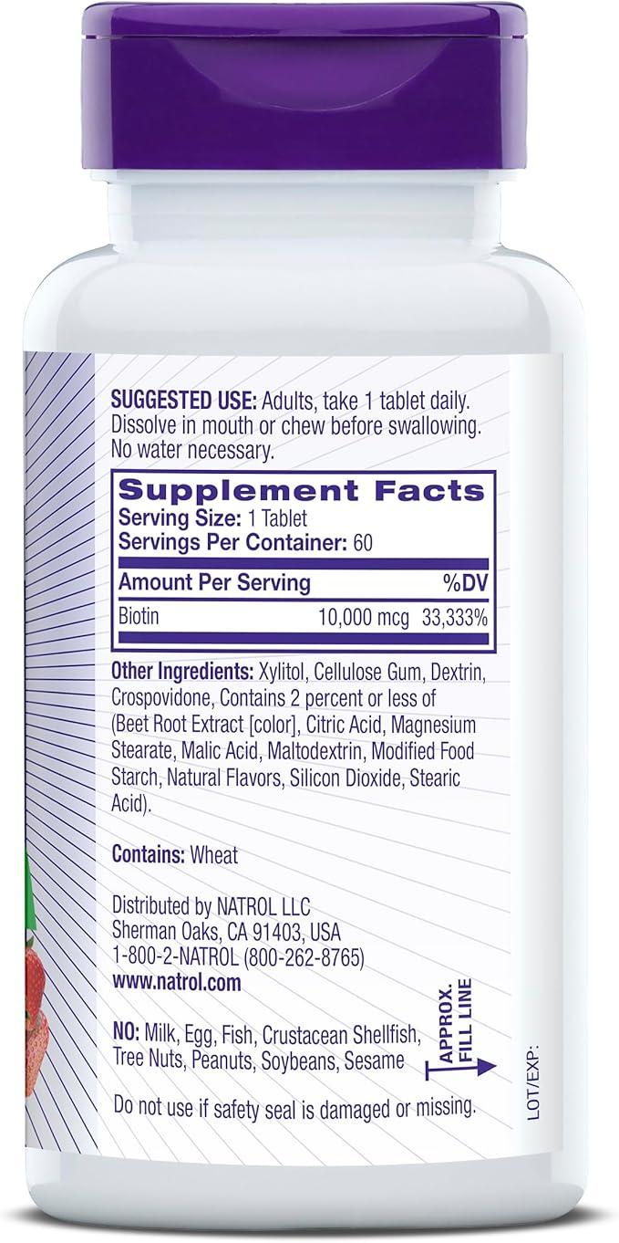 Natrol Biotin 10000mcg, 4x Faster Dissolve Supplement for Healthy Hair, Skin and Nails for Those Low in Biotin, Plus Energy Metabolism Support, 60 Tablets, Up to a 60 Day Supply