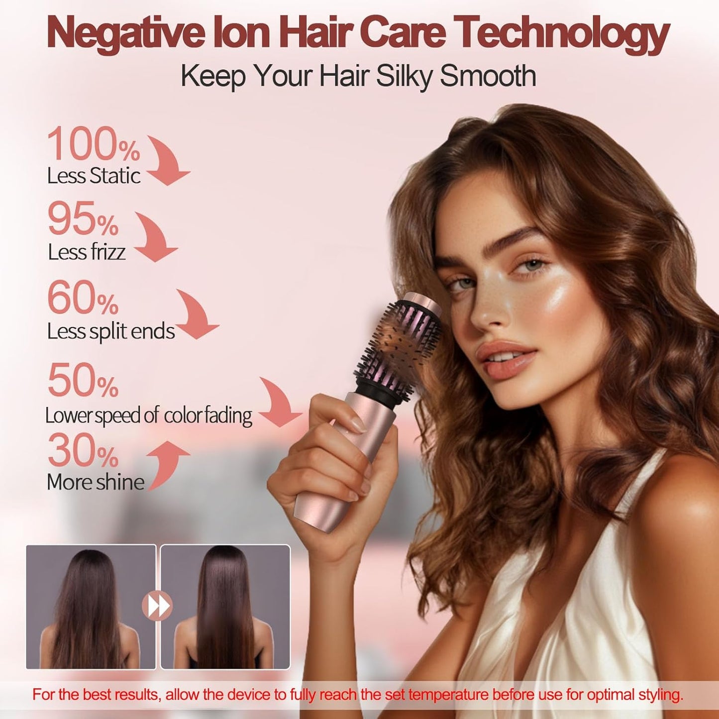 Youbella Cordless Hair Curling Iron Brush, Mini Travel Hot Straightener Comb, 3-in-1 Portable Wave Curling Wand, 1.5″ Ionic Heated Brush, USB Rechargeable Hair Curler, Pink – No Automatic Rotation