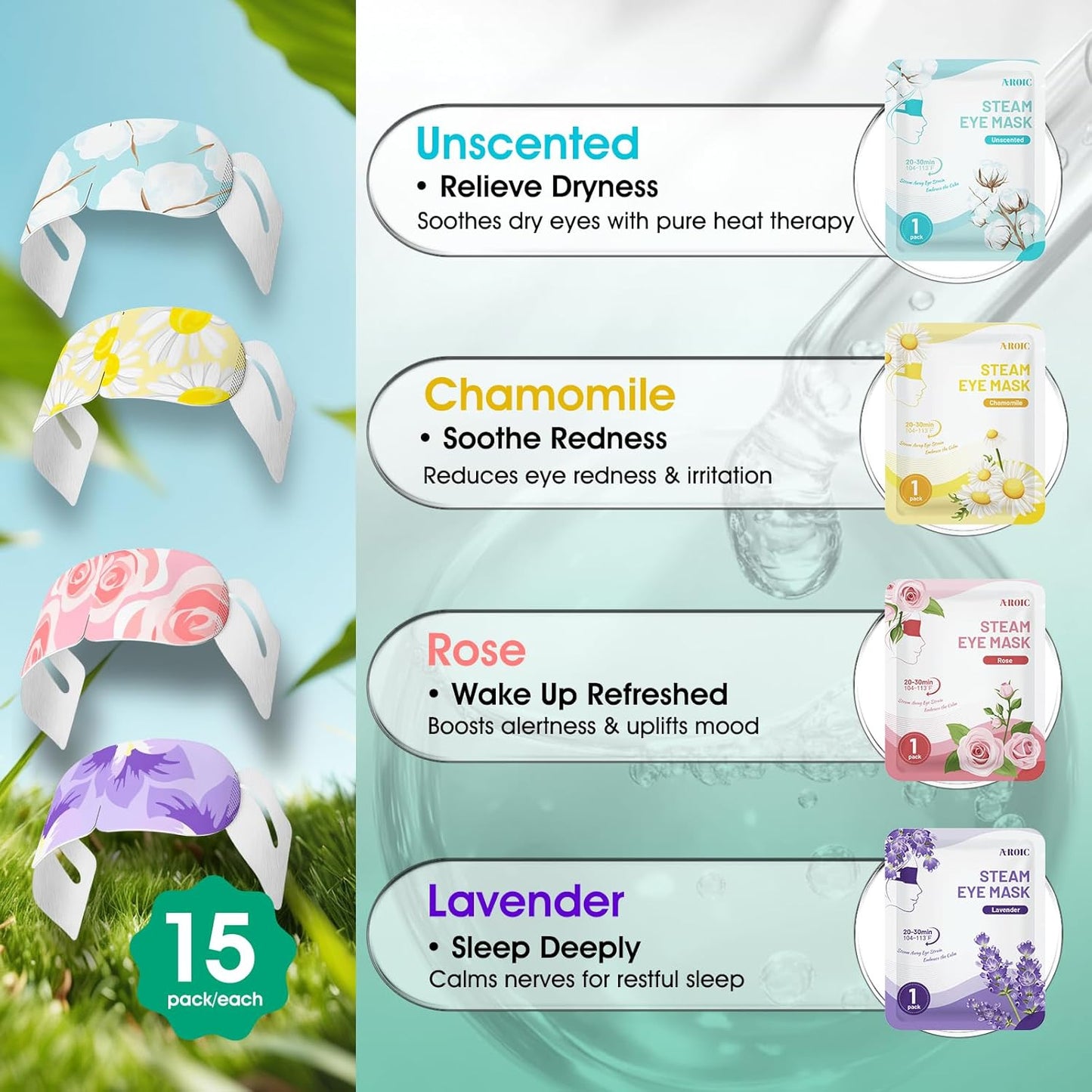 AROIC 60 Pack Steam Eye Masks Disposable for Dry Eyes, Heated Eye Mask Warm Compress for Eyes, Relaxation Gifts, Travel Essentials - Lavender, Unscented, Chamomile, Rose