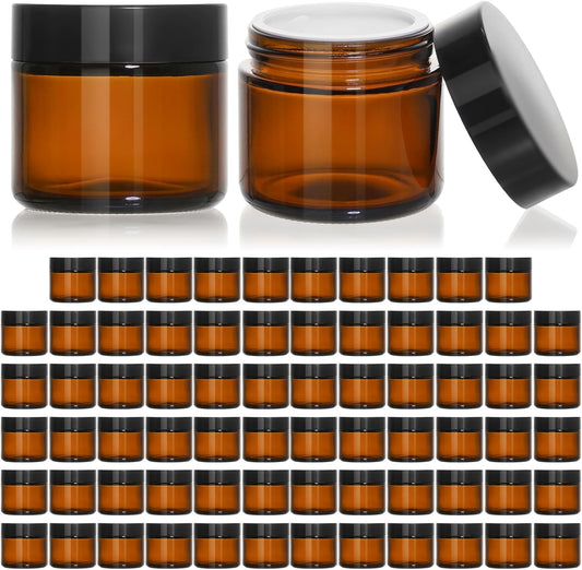 KEYWING 2oz Small Glass Jars with Black Lids, 70 Pack Amber Glass Cosmetic Jars, Round Empty Sample Container with Inner Liners for Lotions, Cream, Powders and Ointments