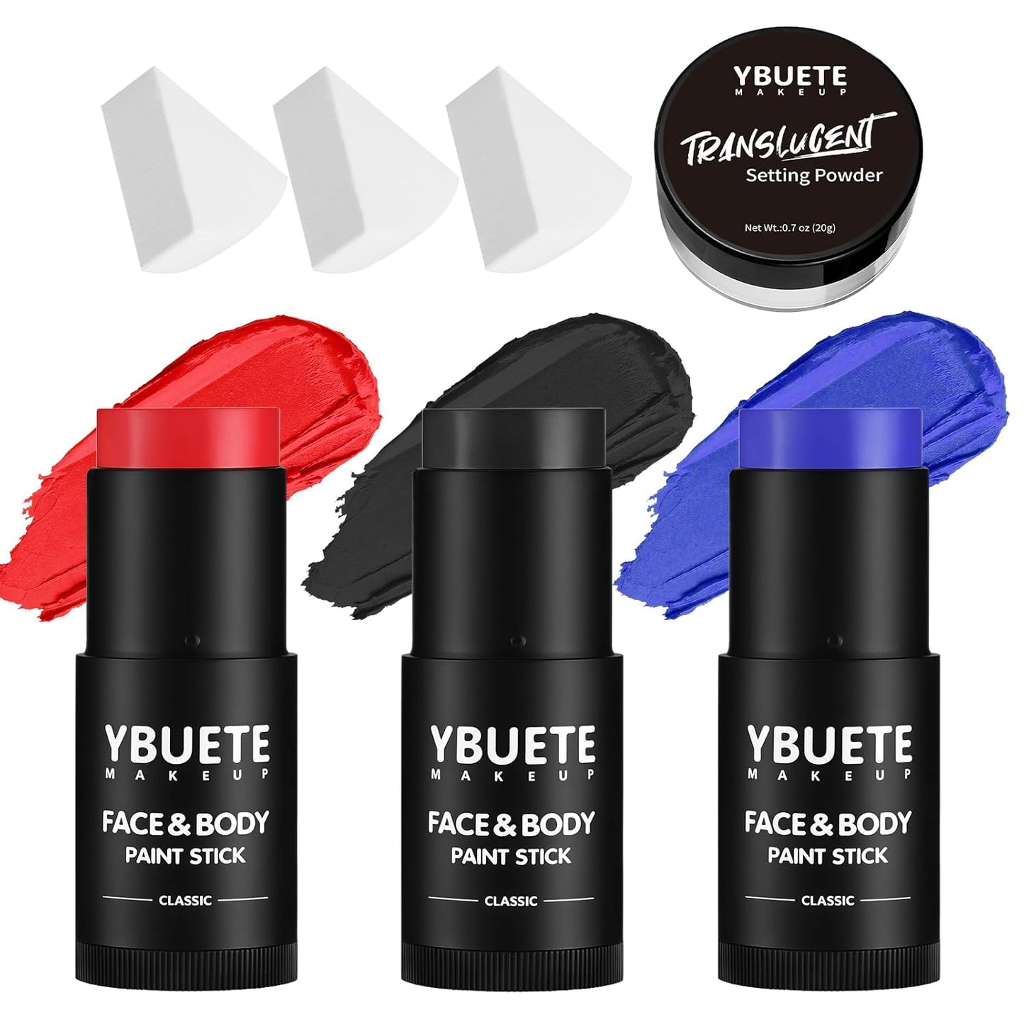 Red Black Blue Face Body Paint Stick Set with Translucent Setting Powder and Sponges, Professional Full Coverage Face Painting for Adults Halloween Cosplay SFX Joker Skull Monster Makeup