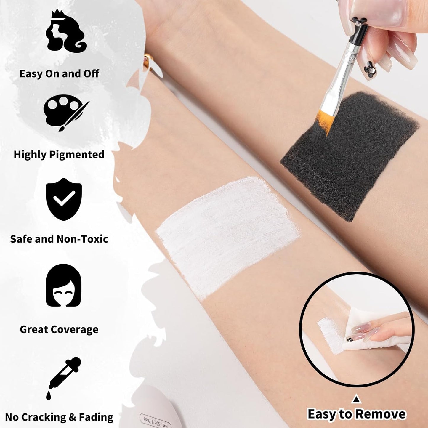 TonJin Black + White Face Body Paint Set 3.5oz/100g, Non-Toxic Professional Facepaint Makeup Kit with 2 Brushes for Kids & Adults Art Theater Halloween Party Cosplay Clown Corpse Goth SFX Makeup