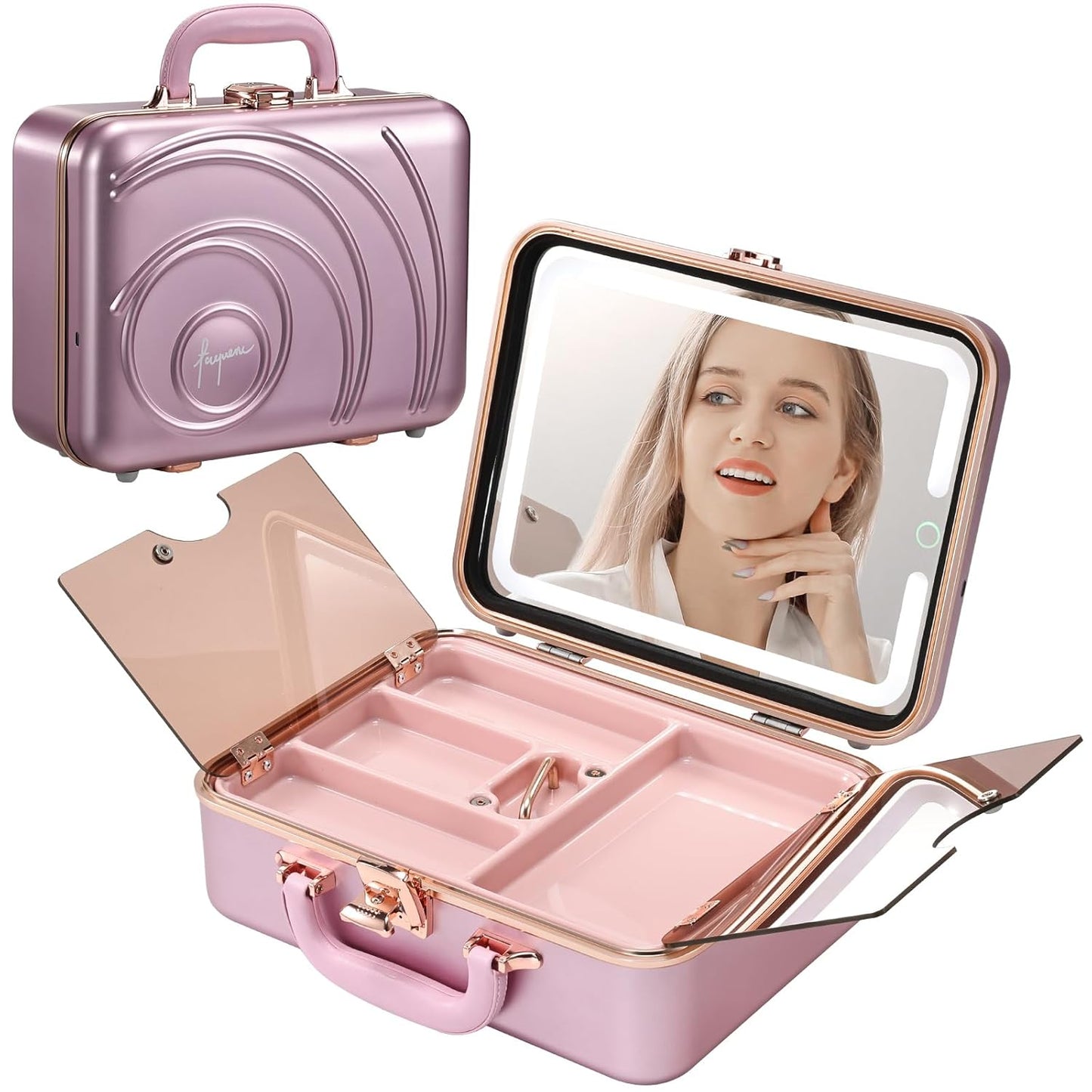 Travel Makeup Case with LED Lighted Mirror 12 Inch Portable Makeup Box Organizer Adjustable Brightness in 3 Colors Cosmetic Storage Case with Dividers Hard Aluminum Shell Vanity Box Pink