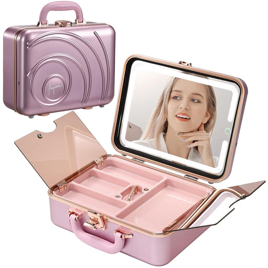 Travel Makeup Case with LED Lighted Mirror 12 Inch Portable Makeup Box Organizer Adjustable Brightness in 3 Colors Cosmetic Storage Case with Dividers Hard Aluminum Shell Vanity Box Pink