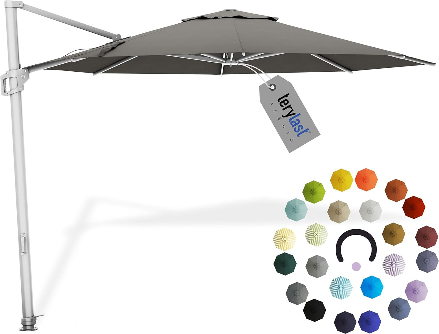 Midtown Umbrellas 10 Ft Outdoor Cantilever Patio Umbrella w/Terylast Charcoal Grey Fabric - Rotate 360° Offset Patio Umbrella, Deck Patio Umbrella, Backyard Umbrella & Garden Umbrella - Silver Frame