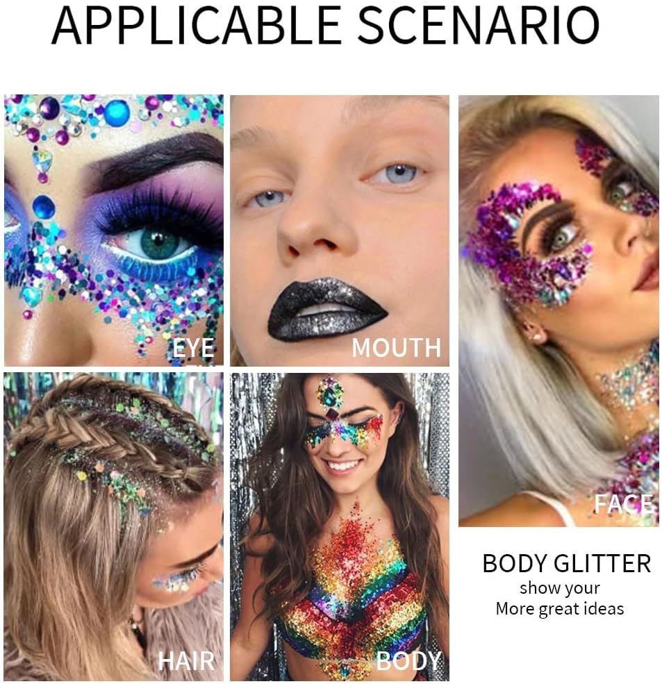 Light Blue Body Glitter, Mermaid Face Glitter Gel, Singer Concerts Music Festival Rave Accessories, Liquid Holographic Chunky Glitter Makeup for Lip Eye Hair Body