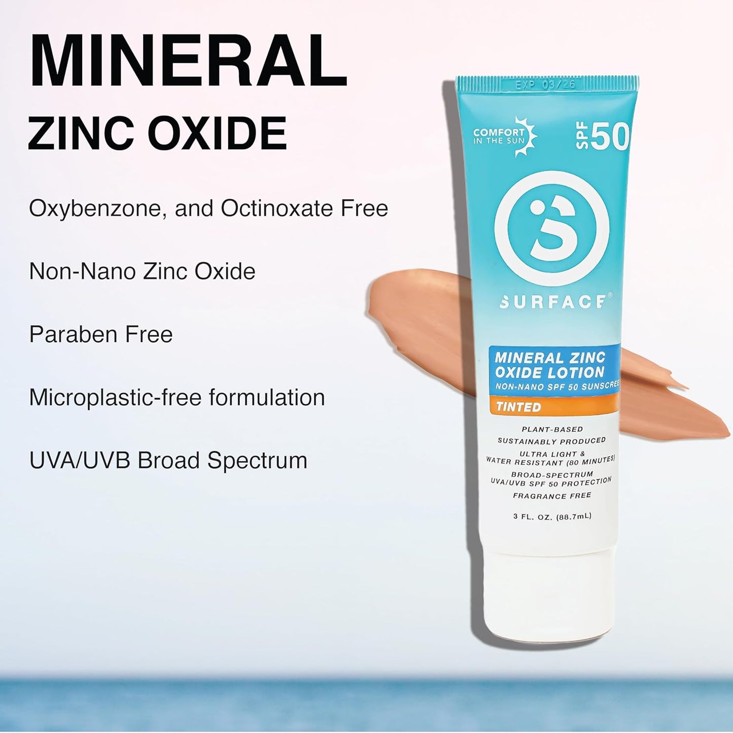 Surface Mineral Sunscreen Lotion SPF 50, Lightweight Non-Nano Zinc Oxide Formula, Reef Friendly, Broad Spectrum UVA UVB Protection, Water Resistant Sun Care for 80 Minutes Outdoor Use, Tinted, 3oz