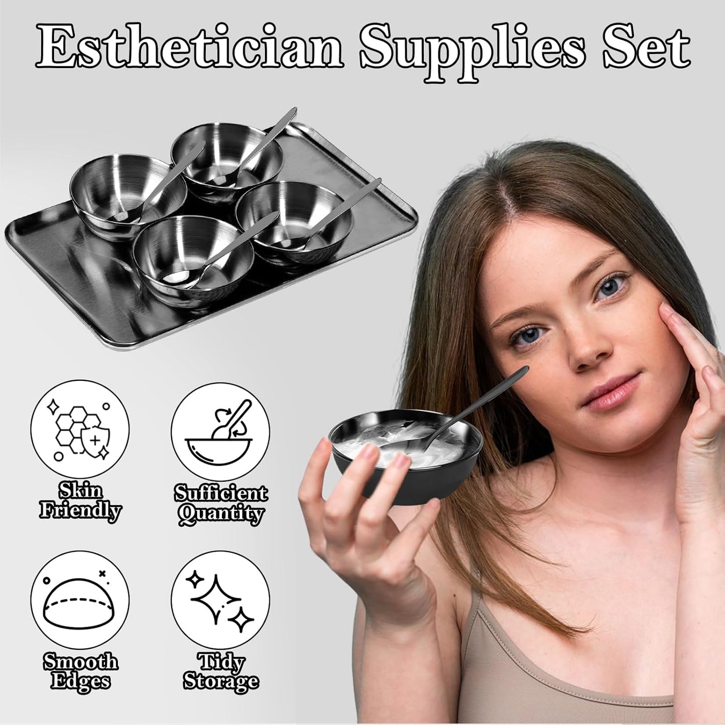 9 PCS Black Esthetician Supplies 4 Black Facial Bowls Esthetician 4 Facial Mixing Spoons Facial Mask Mixing Bowl Large Stainless Steel Skincare Tray Esthetician Spoons for Skin Care Face Mask