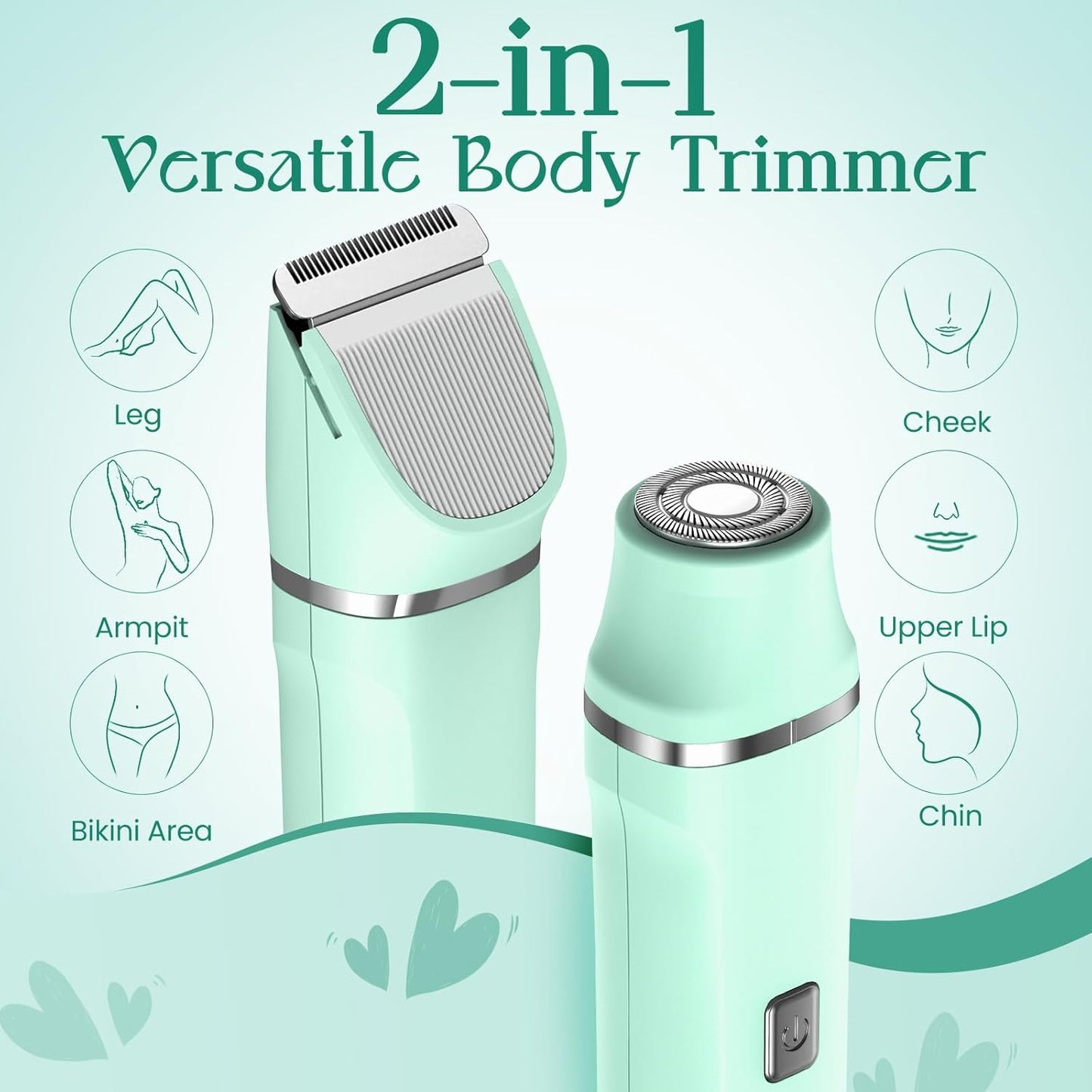 Pubic Hair Trimmer Women for Bikini Area & Body - Electric Razor Shaver with Ceramic Blade, Detachable Head, Waterproof IPX7, Battery Indicator, Fast Charging, Wet/Dry Groomer Set - Green