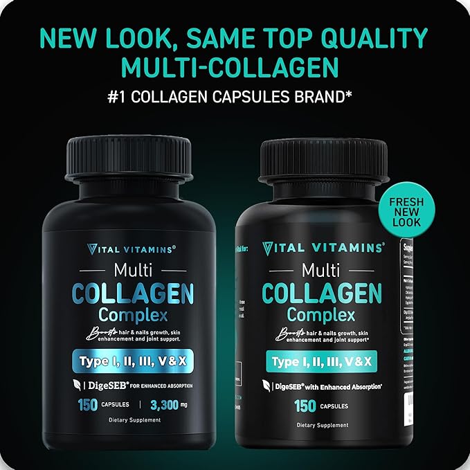 Vital Vitamins Multi Collagen Pills for Women & Men (2-Pack) - Hydrolyzed Collagen Peptides - Type I, II, III, V, X - Grass Fed, Non-GMO