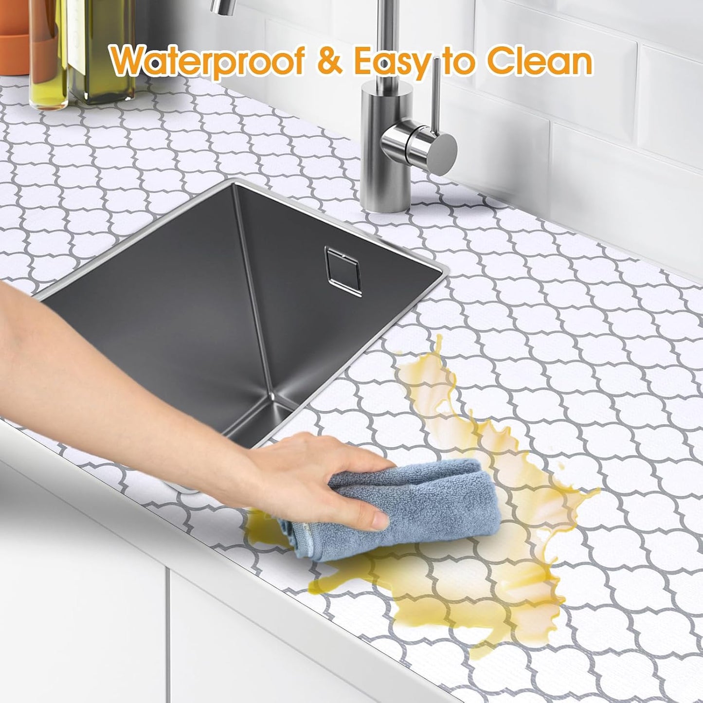 Shelf and Drawer Liner for Kitchen Cabinets Non-Adhesive, Strong Grip Non-Slip Thickened Cabinet Liners for Shelves, Waterproof Mats for Dresser Cupboard, White/Gray, 17 in x 30 Feet