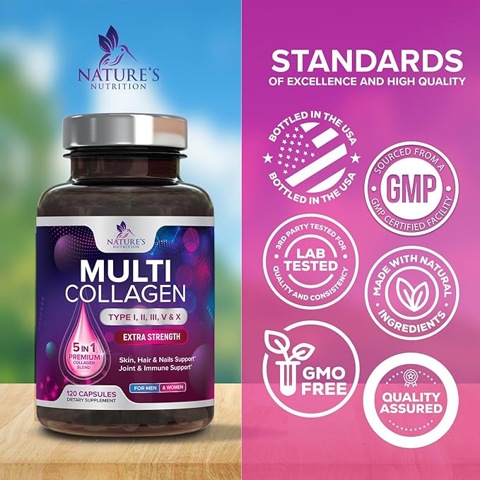 Collagen Peptides for Women & Men - Type I, II, III, V, X Multi Collagen Pills, Hydrolyzed Collagen Peptides Supplements, Nature's Hair, Skin, Nail, and Joint Support Supplement, Non-GMO, 120 Capsules