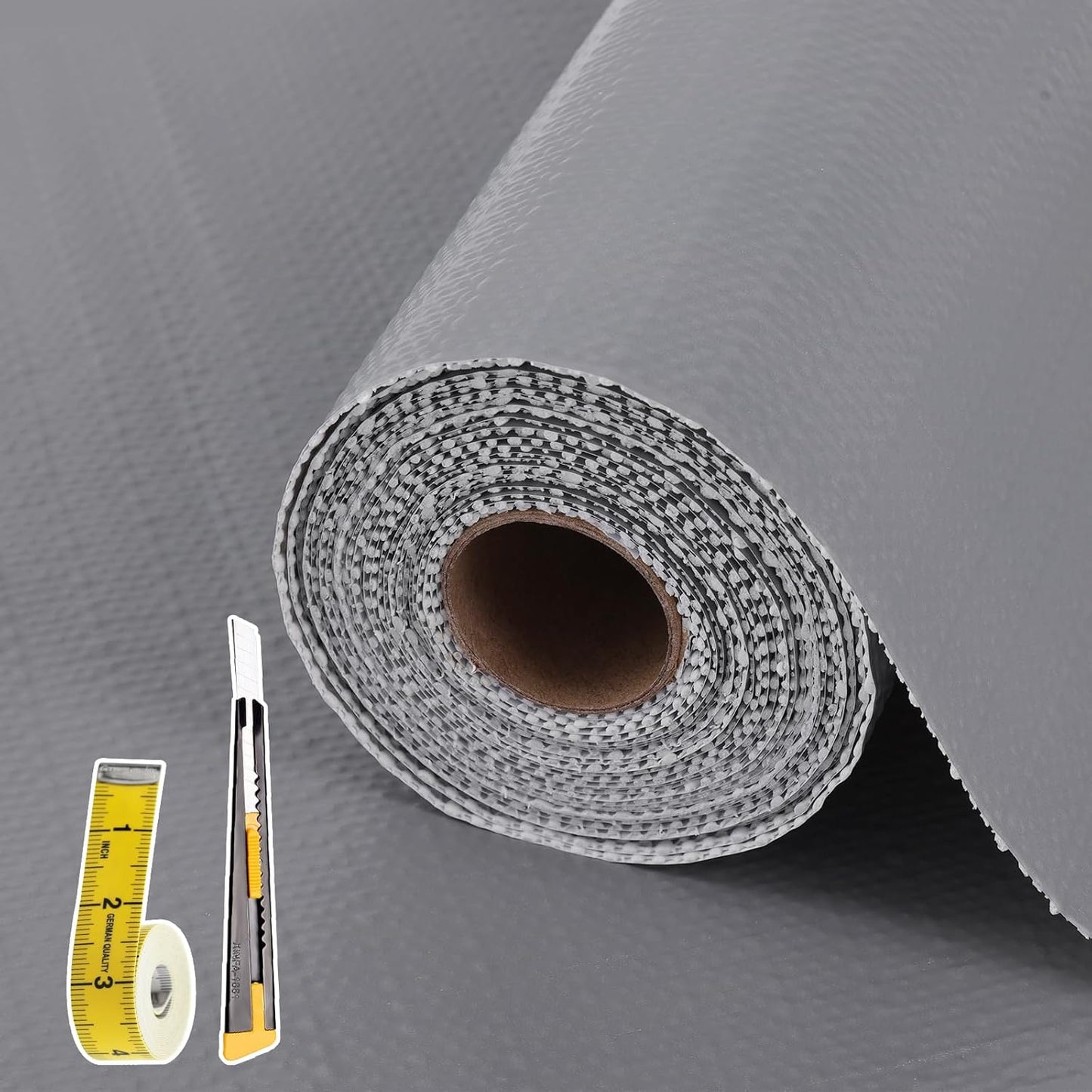 Drawer and Shelf Liner for Kitchen Cabinet: 12 in X 20 Ft Non Slip Waterproof Shelf Paper Non Adhesive Refrigerator Liners Gray Easy Liners for Bathroom Cupboard with Knife Tape Measure