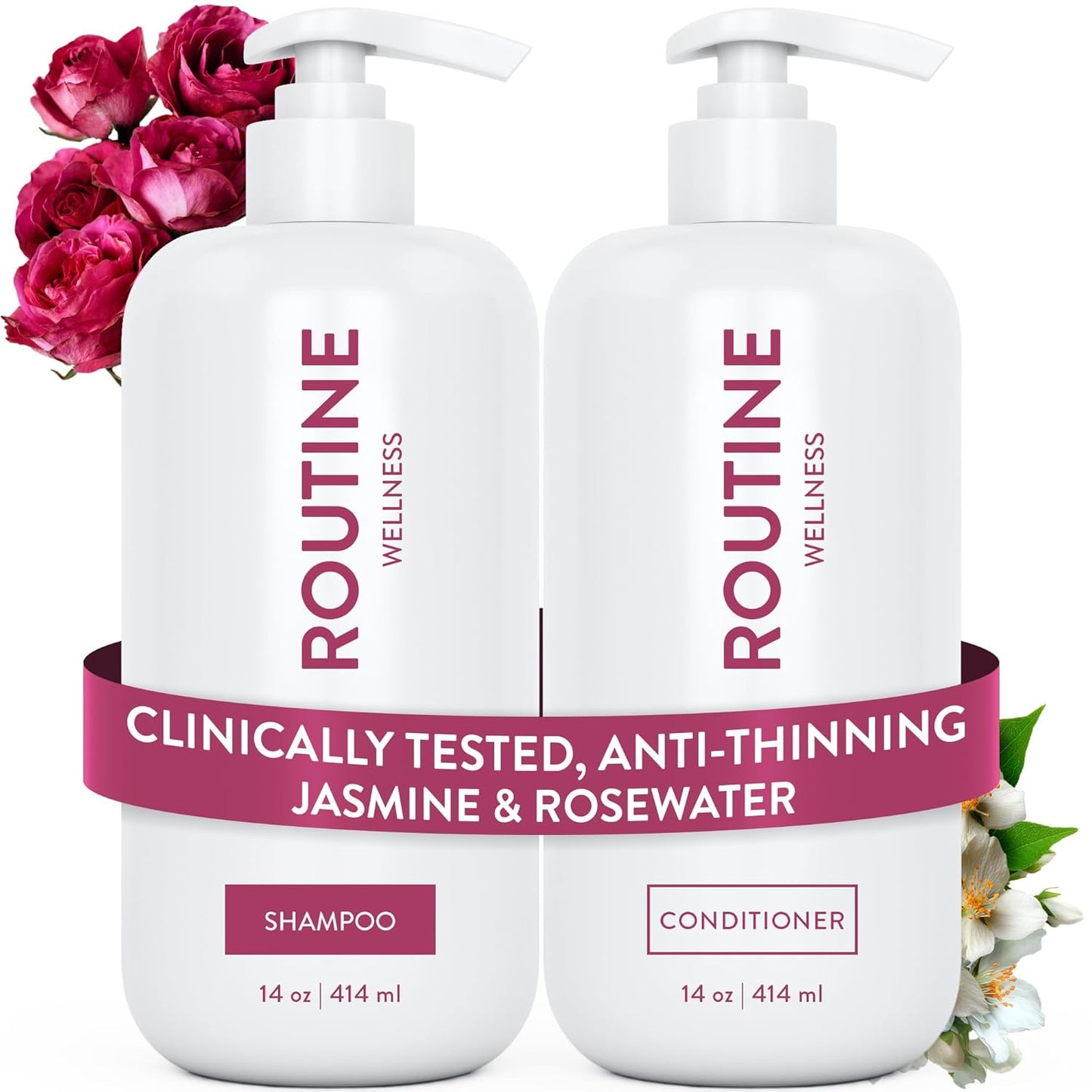 Routine Wellness Anti-Thinning Shampoo and Conditioner Set for Thinning Hair - Biotin DHT Blocker Women & Men - Color Safe Shampoo for Hair Loss & Healthier Hair - Jasmine & Rosewater (Pack of 2)
