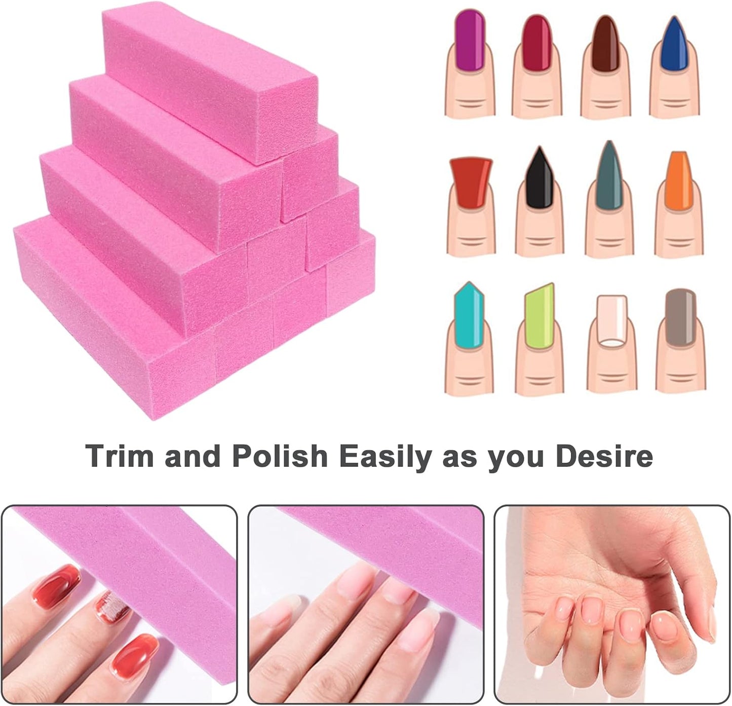 10 Pcs Nail Buffer Block for Acrylic and Natural Nails, 4 Sided Sanding Buffers for Gel Nails Fingernail Shine Buffing Filer Set, Professional Manicure Polisher Buffer Bulk Medium Grit (Pink)