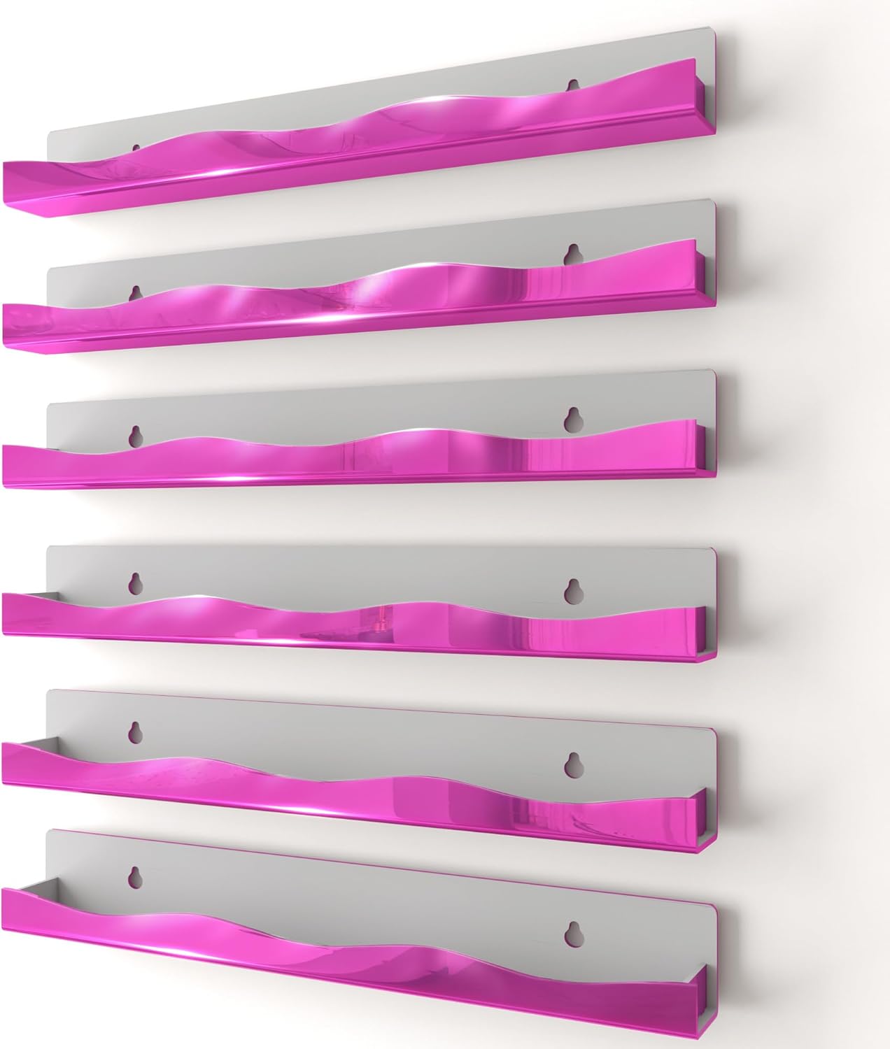 YMVV Wall-Mounted Nail Polish Organizer Rack - 15 Inch Pink Mirror Finish Nail Polish Shelf, Makeup & Beauty Essentials Storage - Multi-Purpose Display Holder for Small Space, Vanity Bathroom, 6 Pack