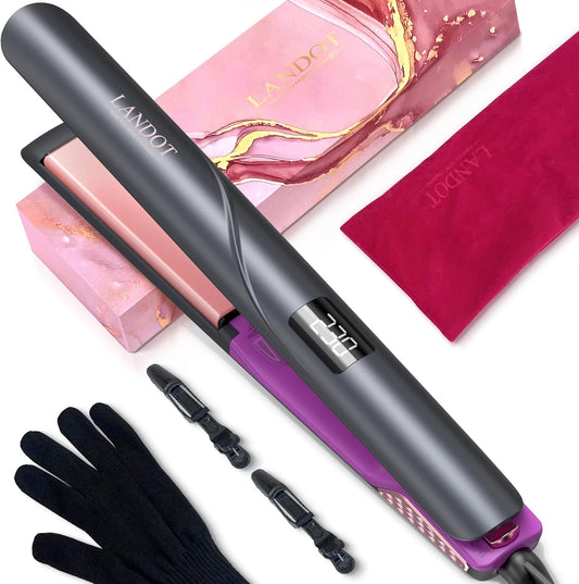 LANDOT Flat Iron Hair Straightener: Ceramic Ionic Straightener for Frizz-Free Shine - Adjustable Temp 250-450F & Auto Shut Off + Travel Pouch