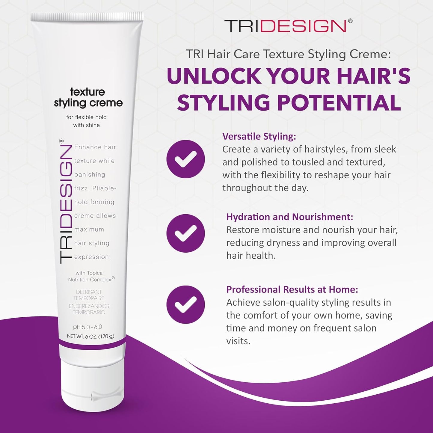 TRI Design Hair Care Texture Styling Creme – Versatile Hair Styling Cream for Smooth, Frizz-Free Hair – Hydrating Fiber Cream for Thick Hair, Curl Defining, and Maximum Styling Expression – 6 Fl Oz