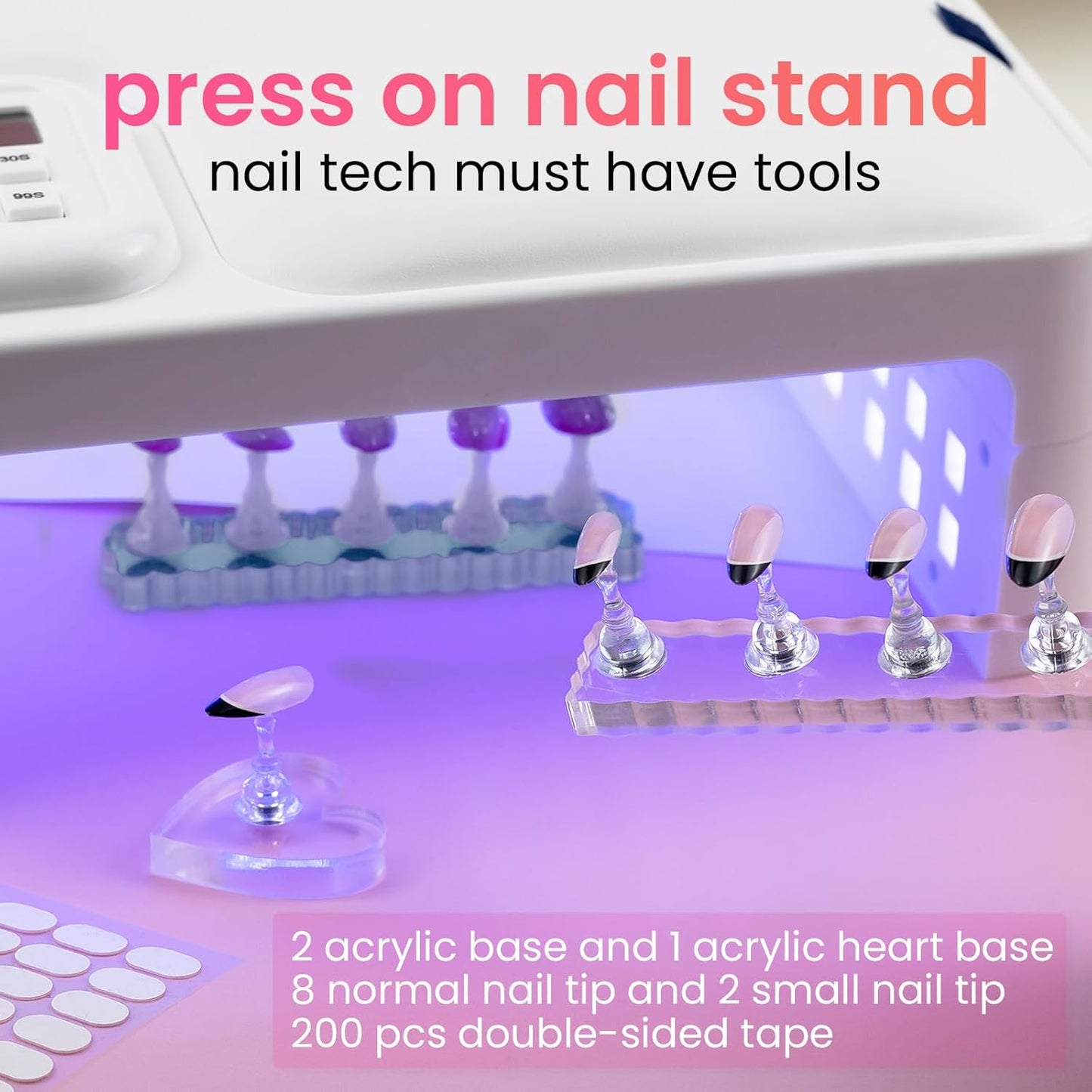 Nail Stand For Press On Acrylic Strong Magnetic Nail Holder Kit For Painting Nails Tip Arts Display With 200PCS Double-Sided Tape And 1 Heart Shaped Acrylic Magnetic Presson Stands Nail Art Supplies