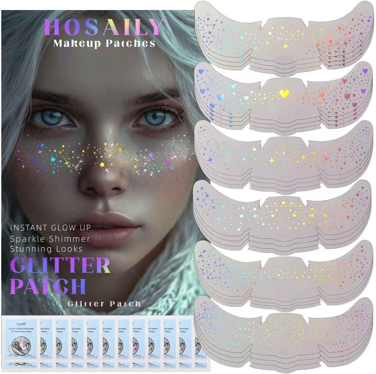 24 pcs Holographic Multichrome Glitter Freckles Face Tattoo, Waterproof Sparkle Face Glitter Speckles Patches for Women, Cute Star Glitter Temporary Tattoo Makeup Accessories for Festival Rave