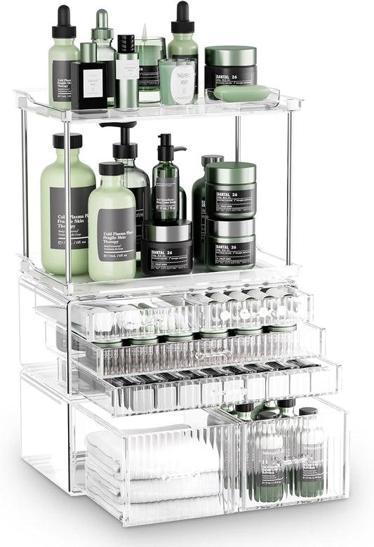 2-Tier 5-Drawer Bathroom Countertop Organizer : Multi-Purpose Makeup Organizer Countertop - Large Skincare Holder Exquisite Vanity Tray - Perfume & Skincare Storage Amber Clear