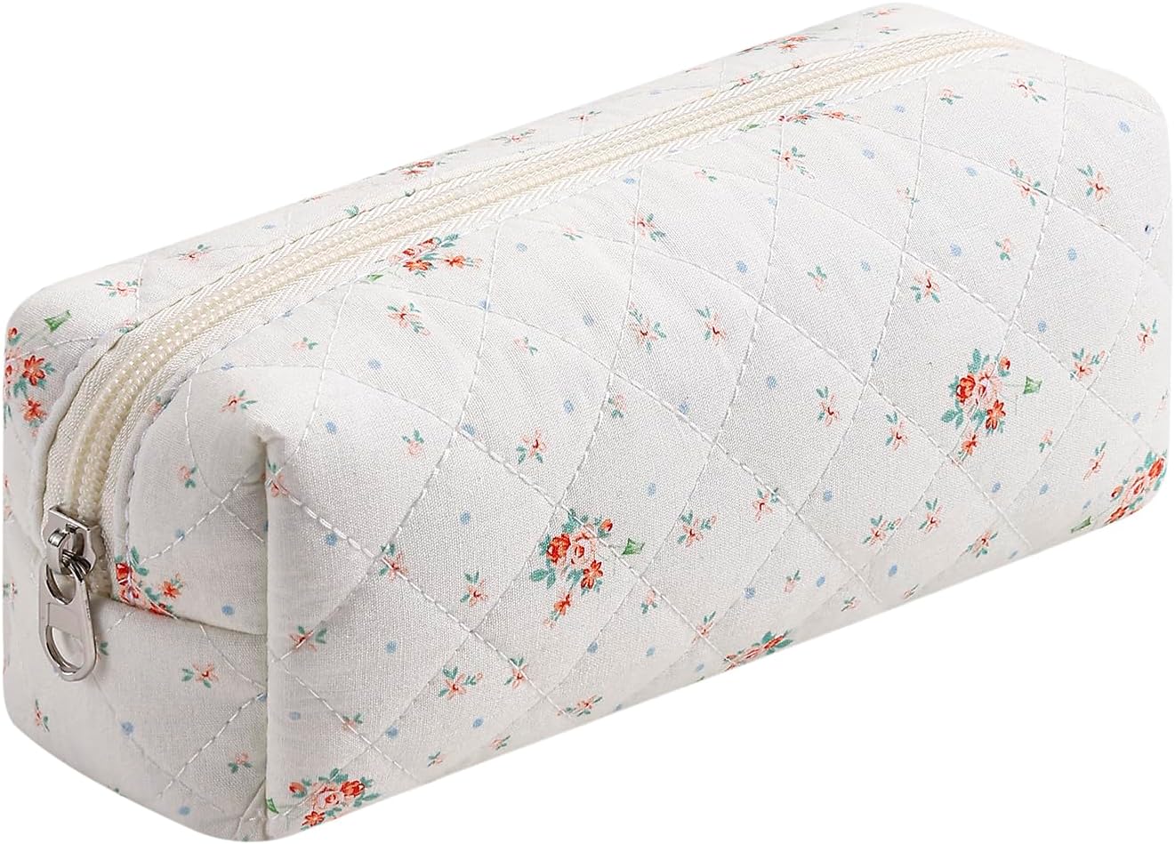 Cute Floral Cotton Makeup Brush Cosmetic Bag for Women, Travel Quilted Zipper Make Up Bag, Flowers Toiletry Organizer Case Kawaii Makeup Cosmetic Travel Cloth Pouch (White Small Flower)