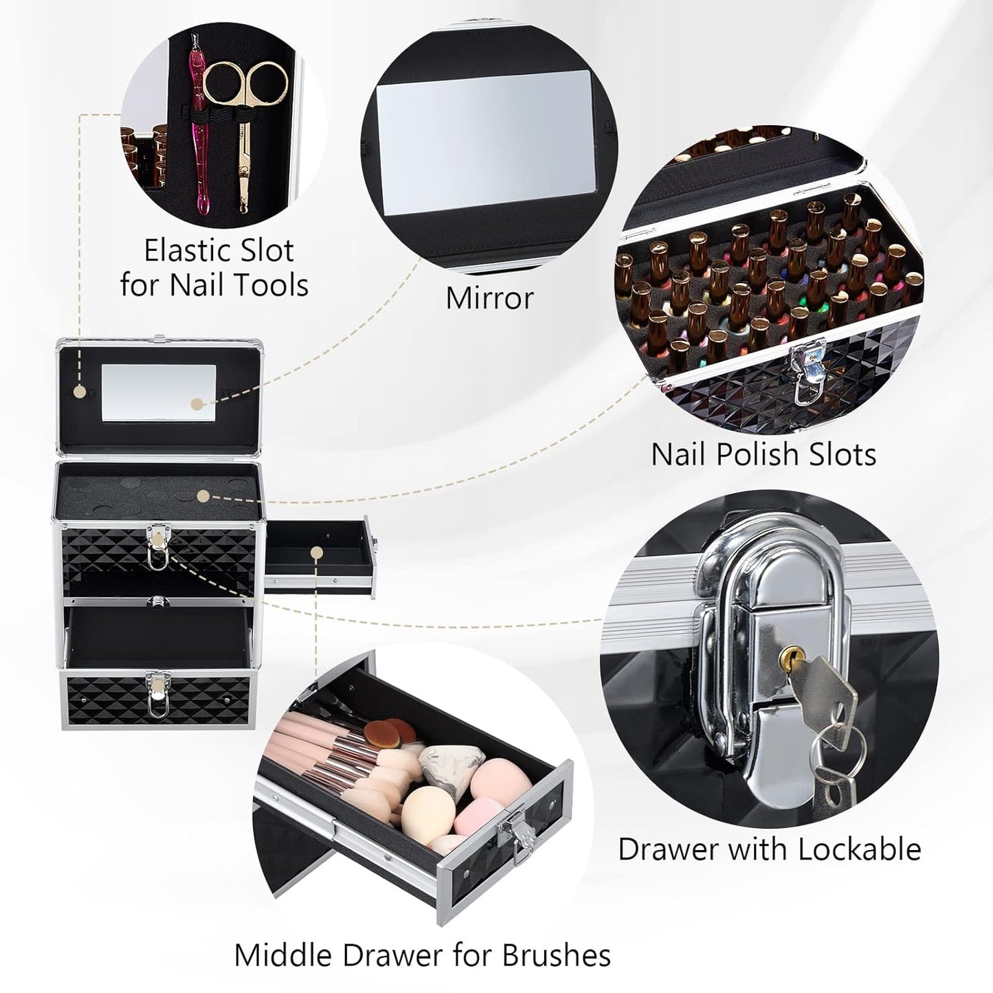 Frenessa Nail Polish Makeup Train Case with Drawer and Dividers Manicure Organizer Accessory Storage Makeup Box With Mirror Lockable Keys Nail Kit Organizer Cosmetic Case Jewelry Box - Black