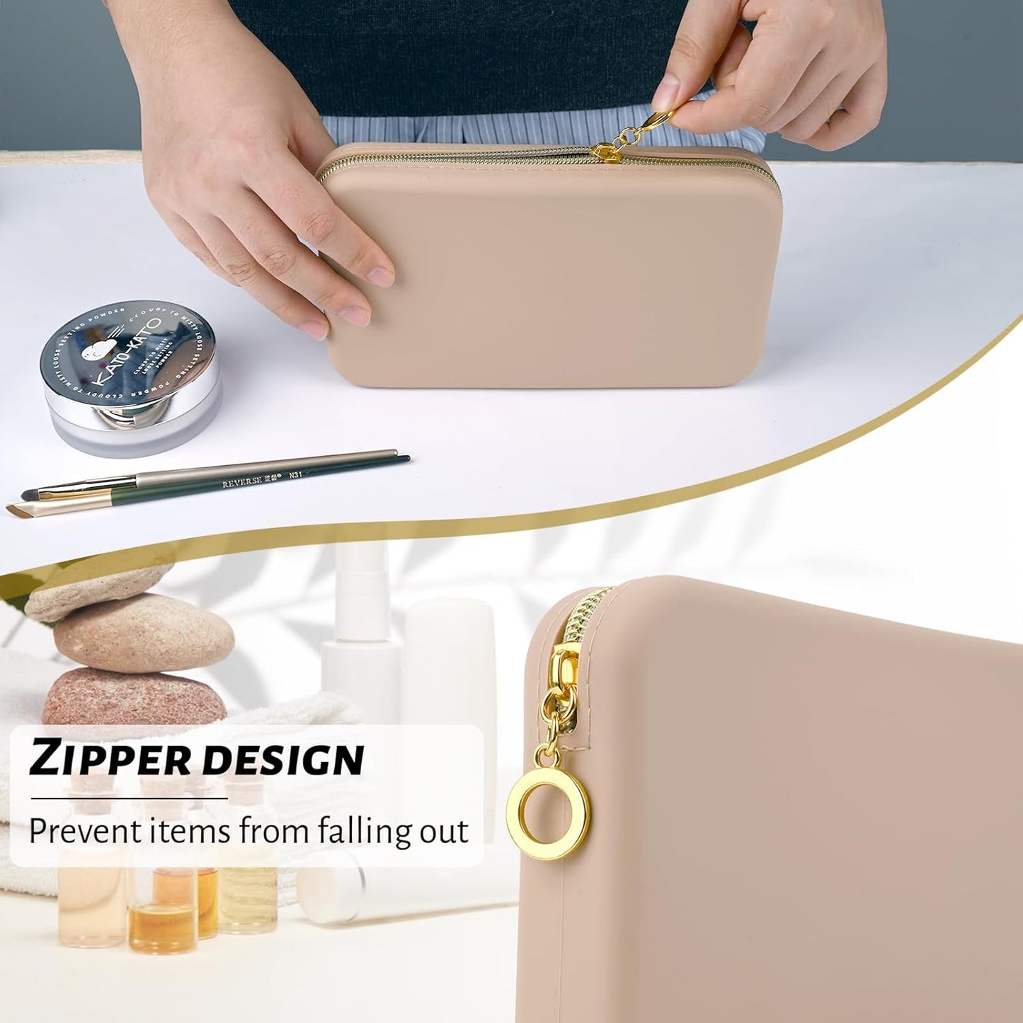 Sakolla Zipper Makeup Brushes Bag For Travel, Make Up Brushes Pouch Case for Makeup Tools, Large Silicone Makeup Brush Holder for Daily Work (Khaki)