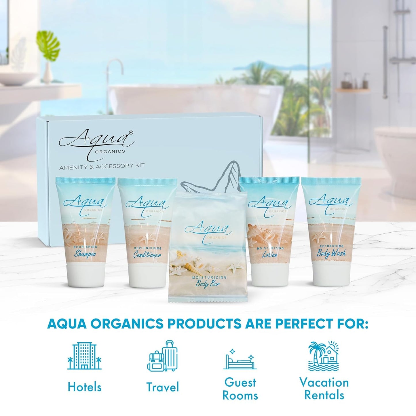 1-Shoppe Aqua Organics Amenity Kit | Boxed Hotel Toiletries Bulk Set | 1 oz Shampoo, Conditioner, Lotion, Body Wash & Bar Soap | 75 Sets per Case