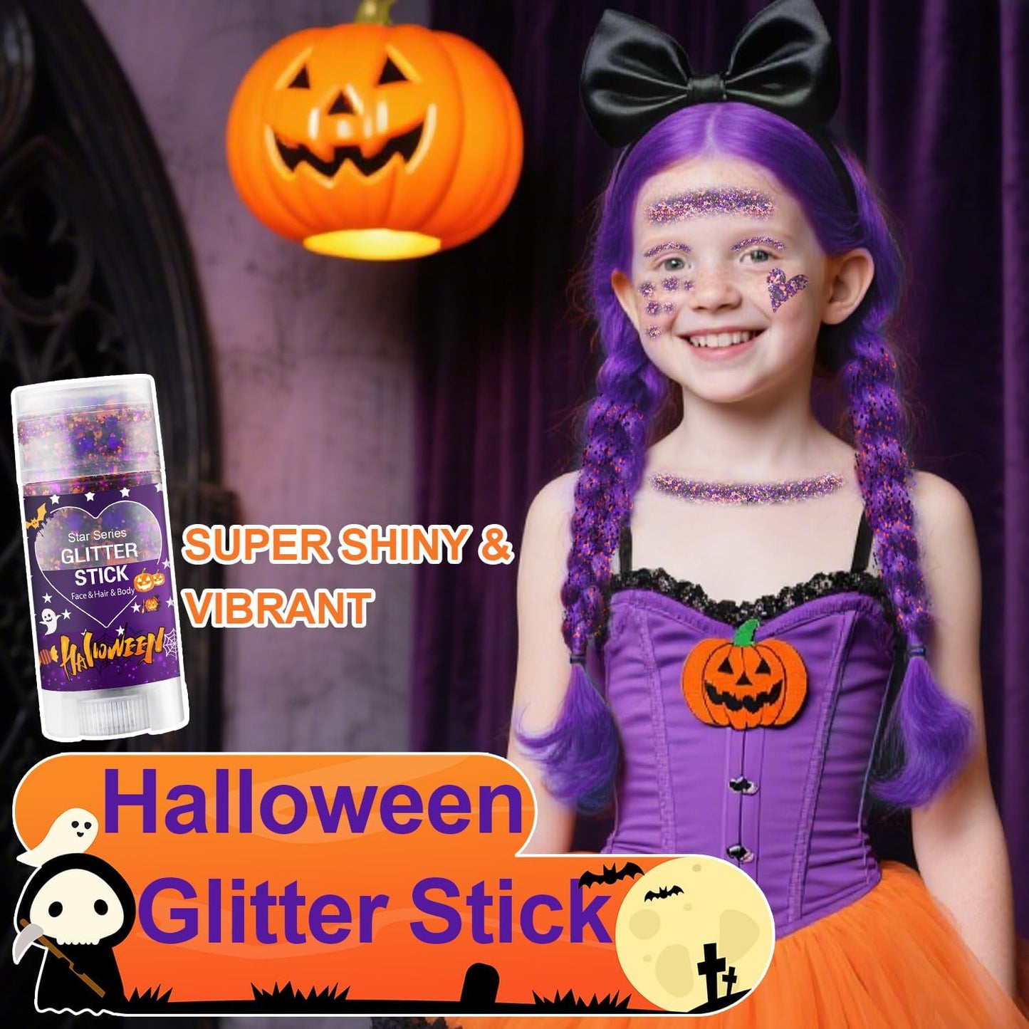Halloween Body Glitter Stick, Black Orange Purple Sequin Hair Glitter for Rumi Costume Cosplay and Tattoos Makeup, Chunky Glitter Face Paint, Waterproof Face Glitter Gel for Glirs and Women