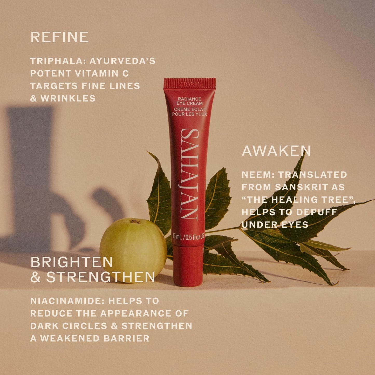 Sahajan Radiance Eye Cream with Niacinamide, Vitamin C + Adaptogens | Ayurvedic Clean Brightening Daily Eye Cream | All Skin Types | Best For Dark Circles, Firming, De-Puff, Soften, Smooth | 0.5 fl oz