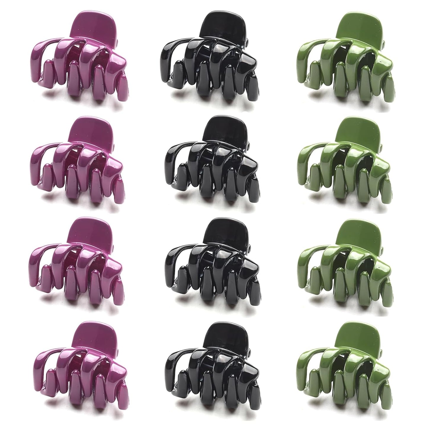 Cobahom 12 Pack Small Hair Claw Clips 1.2 Inch Plastic Hair Clips for Thin Hair No-Slip Mini Hair Clips Hair Styling Accessories for Women and Girls, Purple, Black and Green