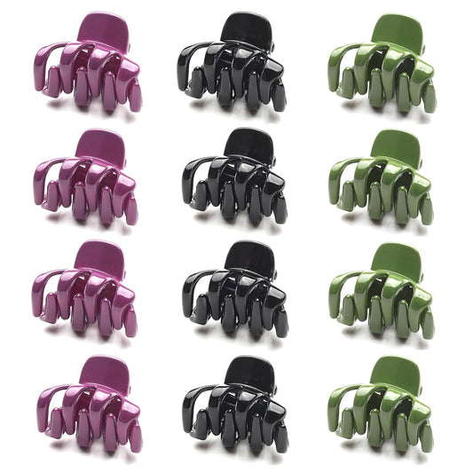 Cobahom 12 Pack Small Hair Claw Clips 1.2 Inch Plastic Hair Clips for Thin Hair No-Slip Mini Hair Clips Hair Styling Accessories for Women and Girls, Purple, Black and Green