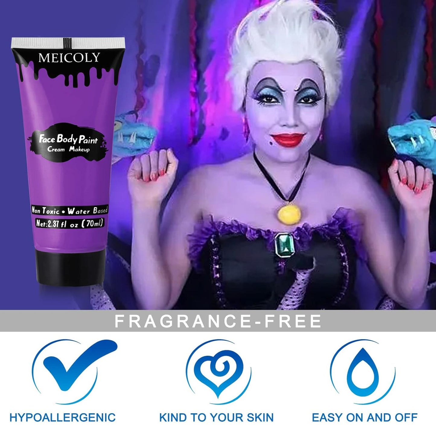 MEICOLY Purple Cream Face Body Paint,2.37Oz Large Tube Water Based Non-Toxic Full Body Paint for Adult and Kids,Highly Pigmented Face Painting for Halloween SFX Special Effects Ursula Cosplay Makeup