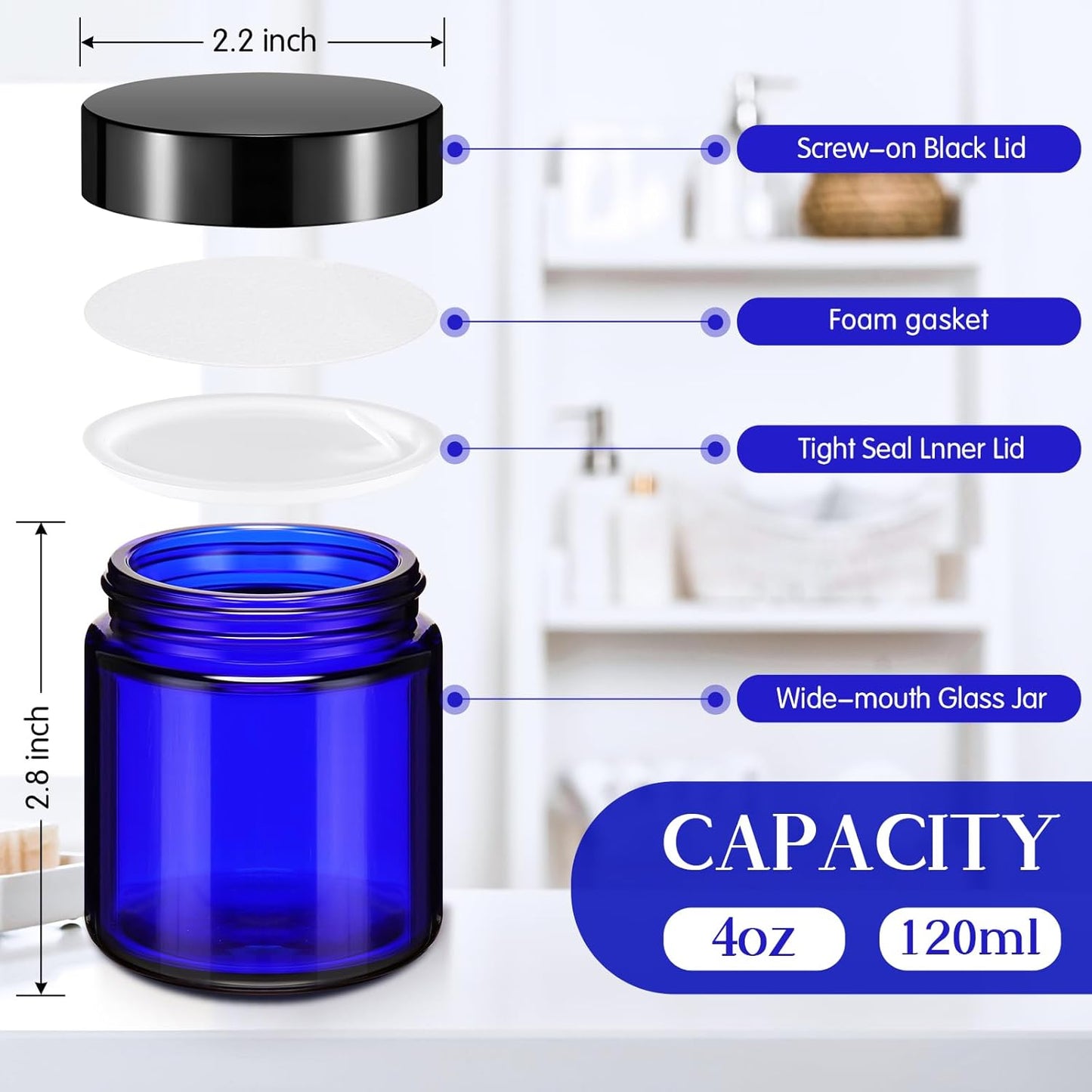 Norme 64 Pcs 4 oz Glass Jars with Lids Leakproof Round Airtight Empty Cosmetic Jars with Inner Liners Lid for Storing Lotions Powder Ointments Candle Making Tins (Blue,Black)