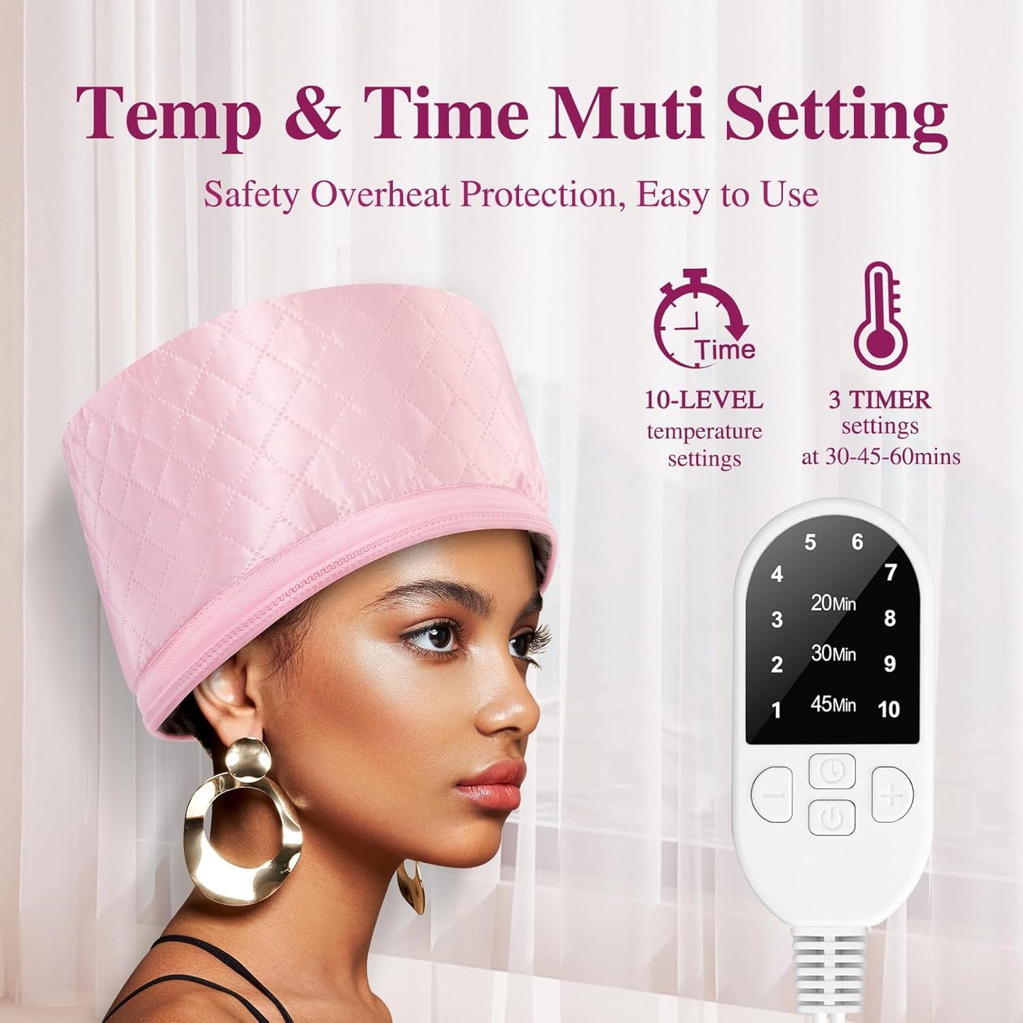Heat Cap for Deep Conditioning: 10-Level Heats Up Quickly 3 Time Settings Hair Steamer for Natural Hair Home Use Thermal Steam Cap for Black Hair Portable Heating Caps Pink