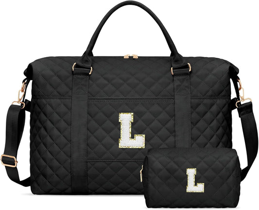 Gifts for Teen Girl, Initial Travel Duffle Bag, Personalized Women Weekender Overnight Bags, Gift for Daughter Kid Girl Wife Friend（Black,L)