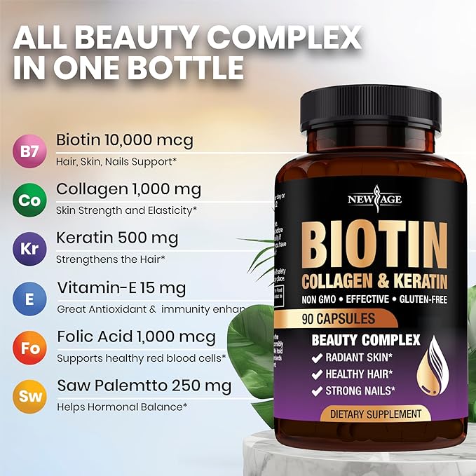 NEW AGE Biotin Collagen Keratin Hyaluronic Acid - 50,000mcg Hair Growth Vitamins for Men and Women, Nails, Hair, Skin Vitamins and DHT Blocker with Vitamin E Folic Acid Pumpkin Seed MSM- 270 Count