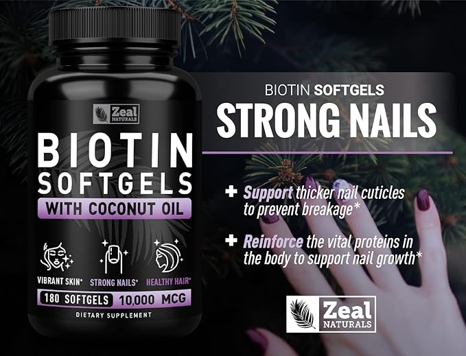 Zeal Naturals Biotin with Coconut Oil for Hair 10000mcg (180 Softgels) Biotin Supplement - Biotin Pills for Hair Skin and Nails Vitamins for Women Biotin Capsules for Men Hair Growth 6 mo Supply