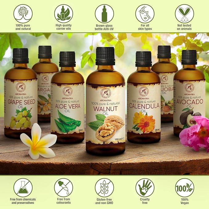 AROMATIKA Walnut Oil 3.4 fl oz - Juglans Regia Seed Oil - USA - 100% Pure - Intensive for Face Care - Body - Hair - Skin - Nails - Hands - Good w/Essential Oil