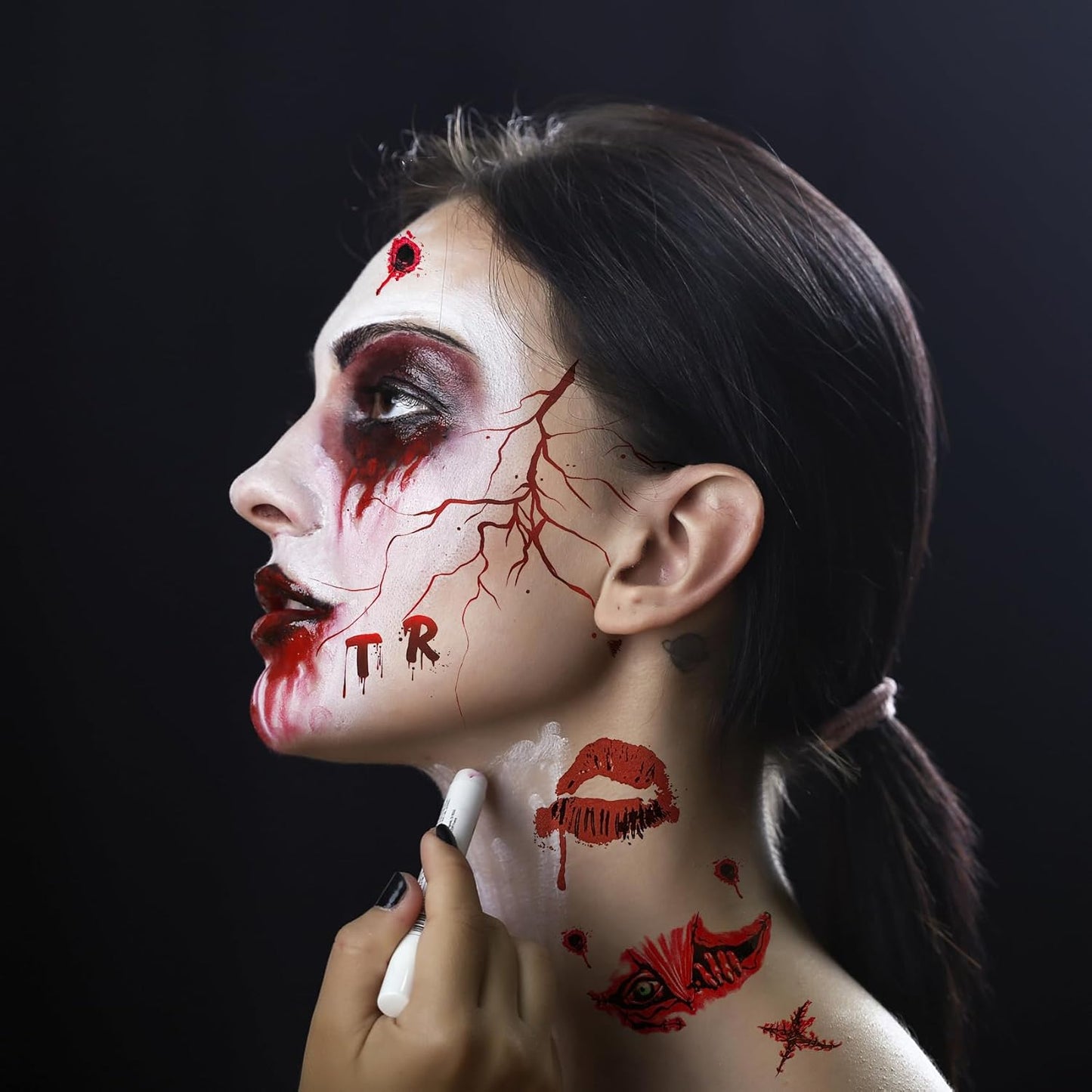 Kiss Tattoos Temporary Halloween Red Bleeding Stitch Scary Prank Makeup for Kids Girls Adult Women Face Body Halloween Decorations-40 Sheets