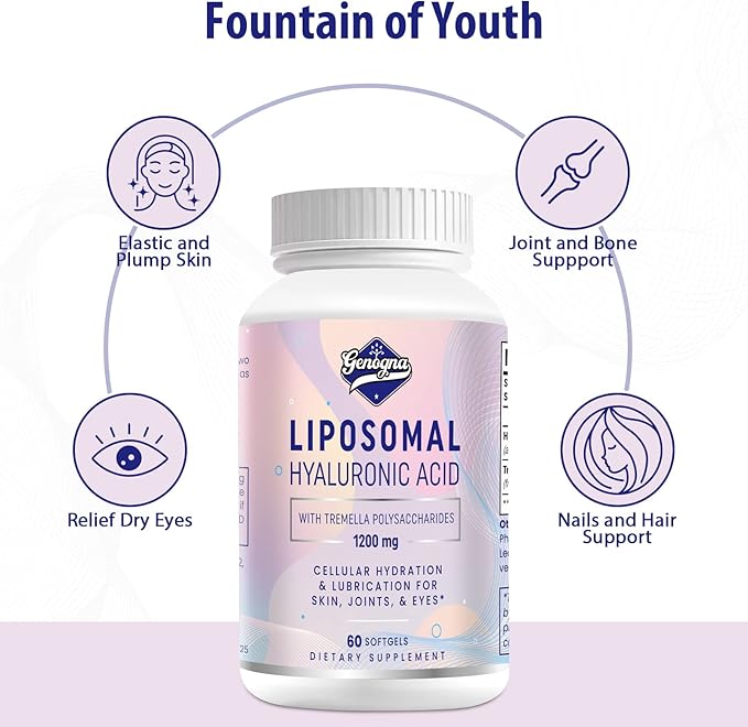 Liposomal Hyaluronic Acid Supplements 1000mg-High Bioavailable Dietary Hyaluronic Acid Capsules with Tremella Polysaccharides,Double Strength Skin Hydration,Joint Lubrication,1Pack