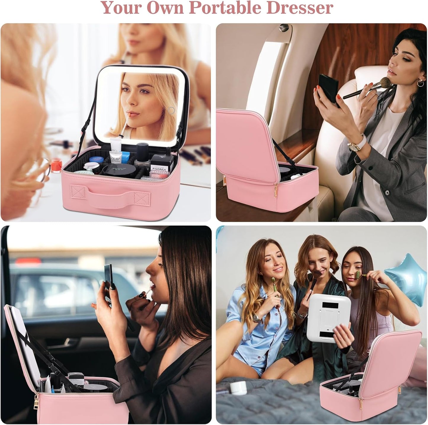 Makeup Case with LED Mirror,Makeup Organizer Bag Travel Makeup Case Large Makeup Bag With Rechargeable Mirror 3 Color Lights Detachable Mirror for Women Beauty Tools Accessories（Pink）